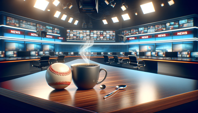 DALL·E 2023 12 07 12.44.09   A wide, banner style news themed image featuring a shiny baseball and a visibly steaming coffee cup on a desk in a modern news studio. The desk is lon